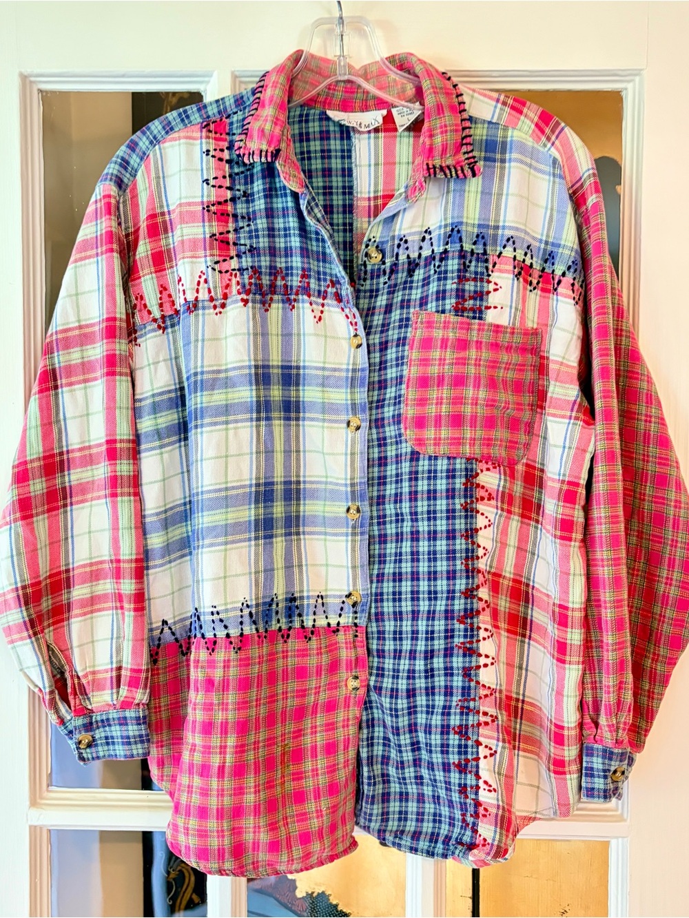 Vintage Casey & Max Women L Patchwork Plaid Shirt Flannel Hand Stitched Artsy